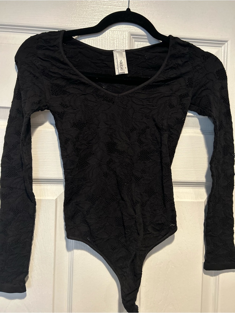 Niki biki Women’s Black Lace/ mesh Long-Sleeve V-Neck Bodysuit